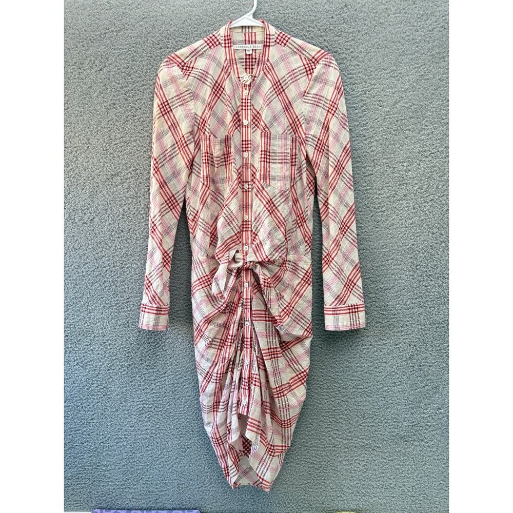 Veronica Beard Della Plaid Ruched Dress White Pink Tie Front Shirt Dress Size 4 - Picture 2 of 10